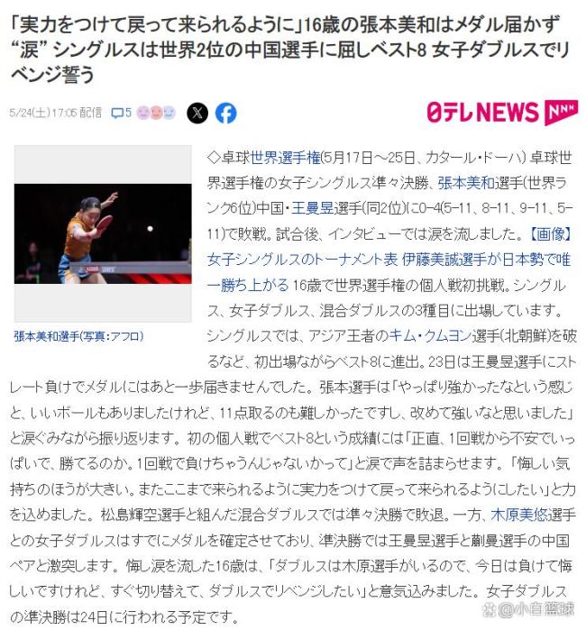 張本美和連敗王曼昱,，日媒吞58年無(wú)冠恥辱 再度完敗悔恨無(wú)用