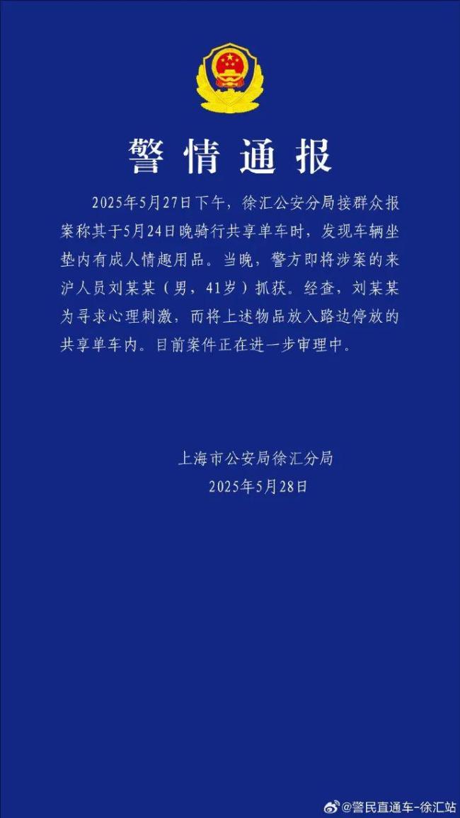 男子共享單車坐墊內放情趣用品被抓