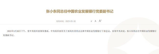 中行原副行長張小東任新職