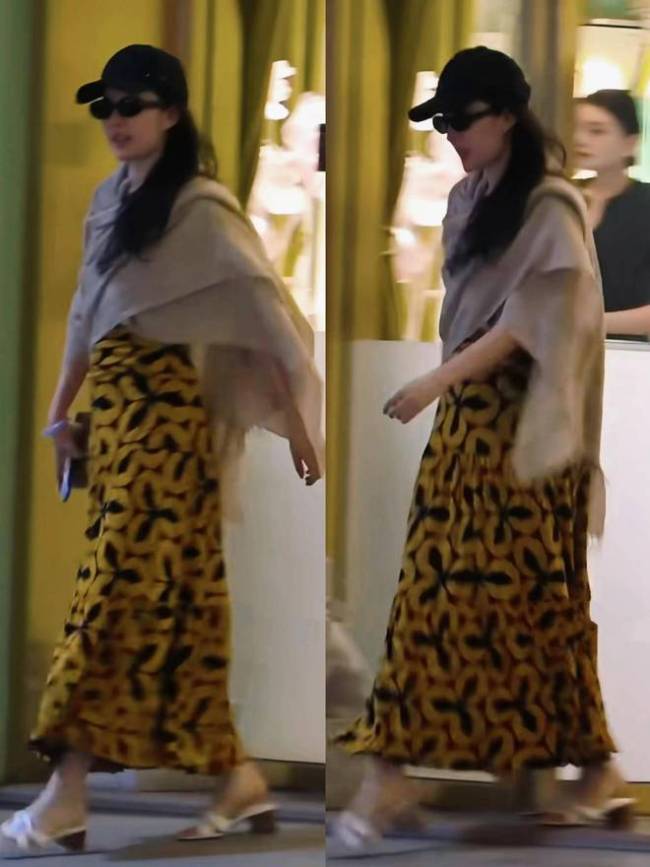 刘亦菲逛街后去美容院做护理 穿黄色鱼尾裙搭米色披肩