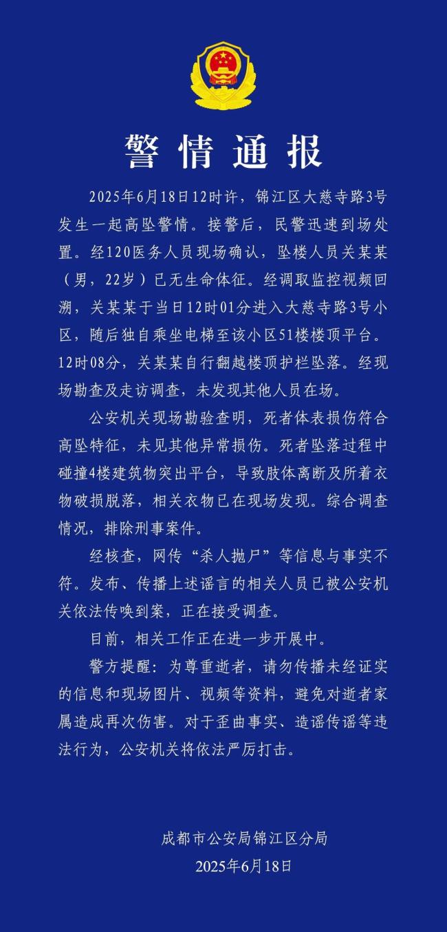 成都警方辟謠“22歲男子被殺人拋尸” 高墜事件真相大白