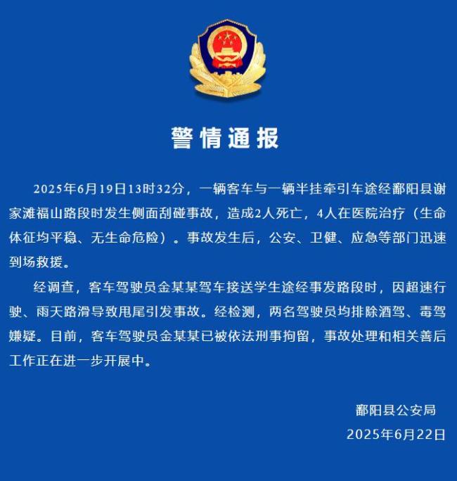 警方通報(bào)客車事故致2死4傷