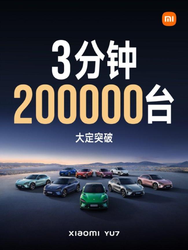 小米YU7開售3分鐘大定20萬臺
