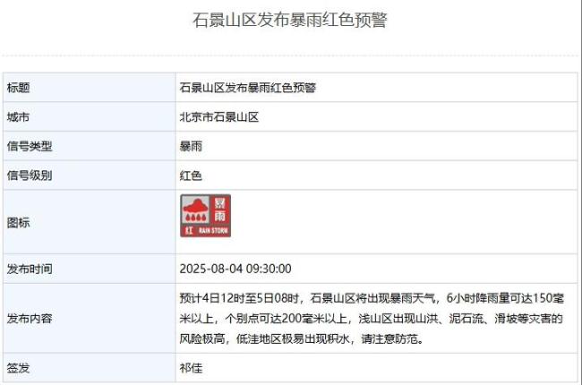 北京6区发布暴雨红色预警 注意防范极端天气