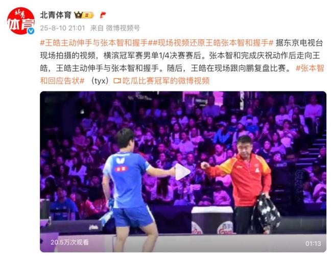 张本智和夺冠后再与王皓握手 引发尊重争议