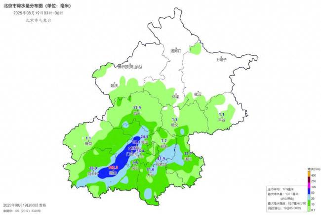 3时至6时，北京平均降水量12.9毫米，最大降水量在房山燕山