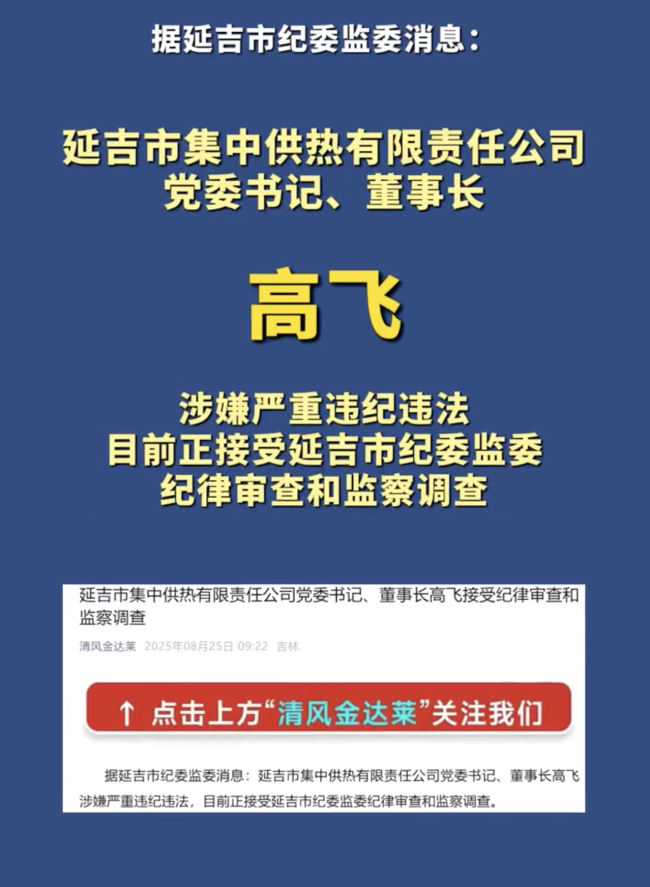 吉林延吉集中供热公司董事长高飞被查！