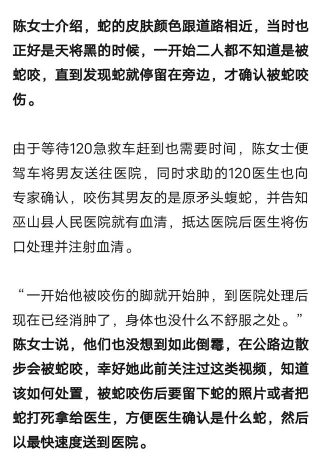 男子被毒蛇咬伤后拍下蛇的下蛇照片并就医 散步时遭遇惊魂一刻
