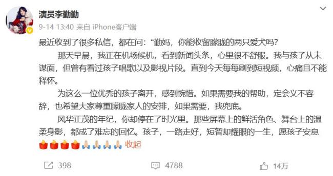 李勤勤暂未收养于朦胧爱犬，其经纪团队回应：需尊重于朦胧家属选择