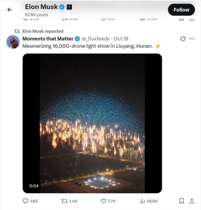 马斯克转发无人机烟花表演新闻 浏阳烟花创吉尼