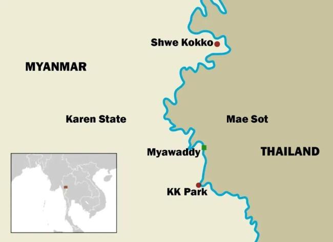 ◆KK園區(qū)在緬泰邊境的位置。