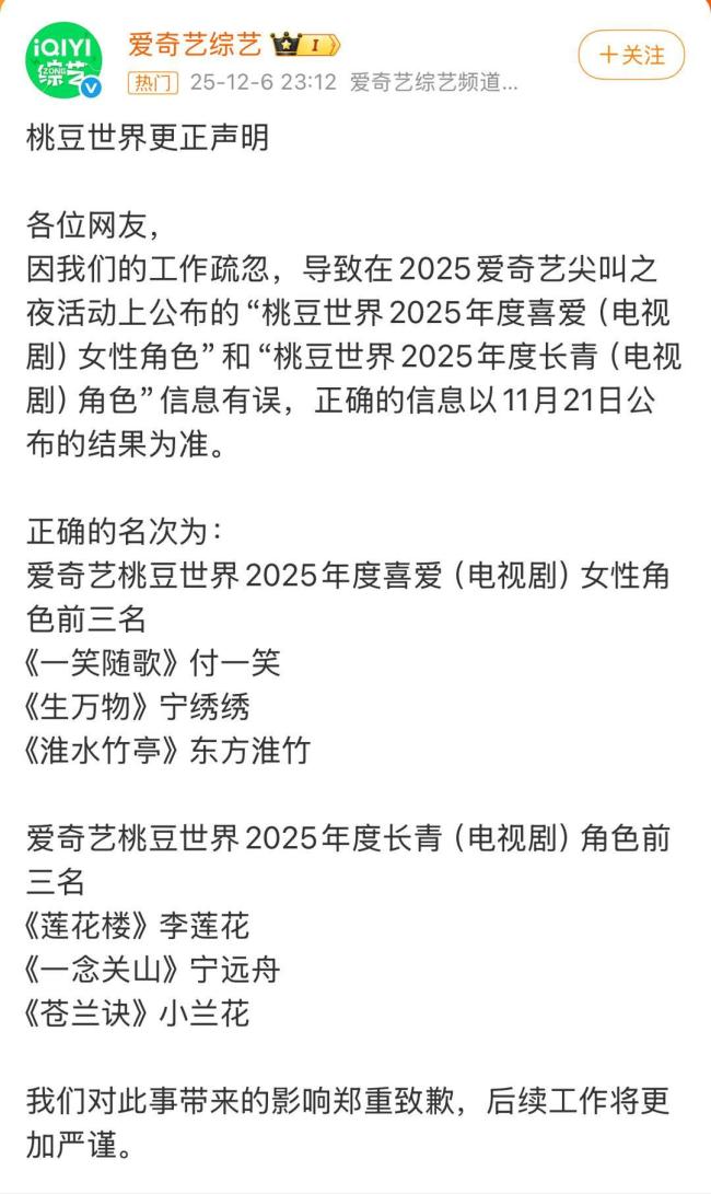 爱奇艺为颁奖乌龙事件道歉