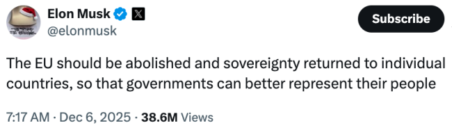 馬斯克喊話“廢除歐盟” 華盛頓順勢(shì)對(duì)歐開火