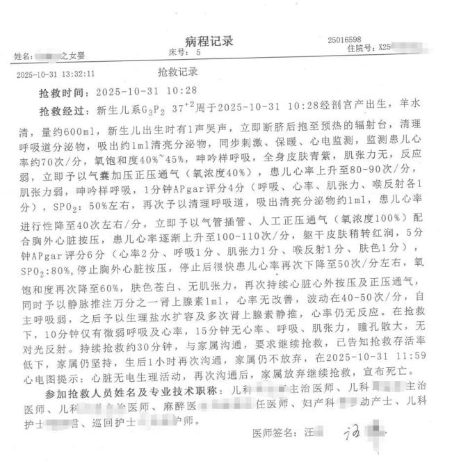 女婴剖腹产出生当天夭折 父亲质疑 医院抢救方向错误