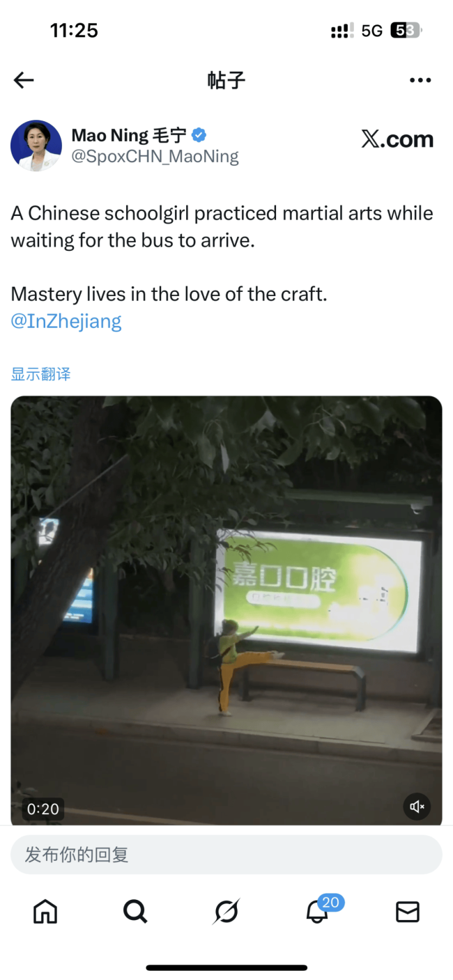 女孩公交站前练武术视频获毛宁点赞 自律优雅展技艺