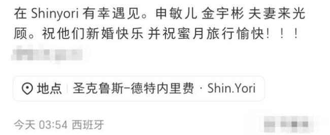 网友偶遇金宇彬申敏儿国外度蜜月 浪漫之旅羡煞旁人