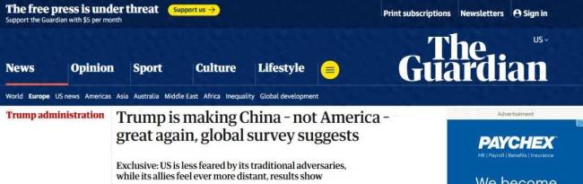 民调发现特朗普教授了中国全球影响力