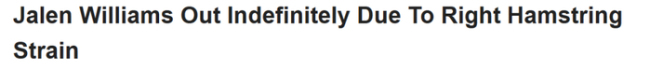 雷霆球员杰伦·威廉姆斯将无尽期休战 右腿筋拉伤困扰
