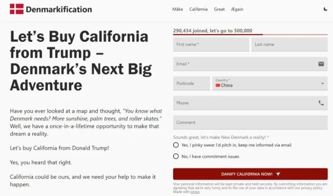 近30万网民参与联署“支持丹麦买下加州”