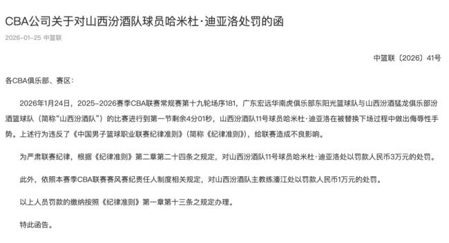 CBA公司开出罚单：迪亚洛被罚款3万元