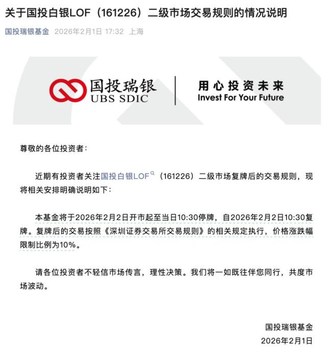 今日10:30复牌,国投白银LOF澄清:涨跌幅限制比例为10%