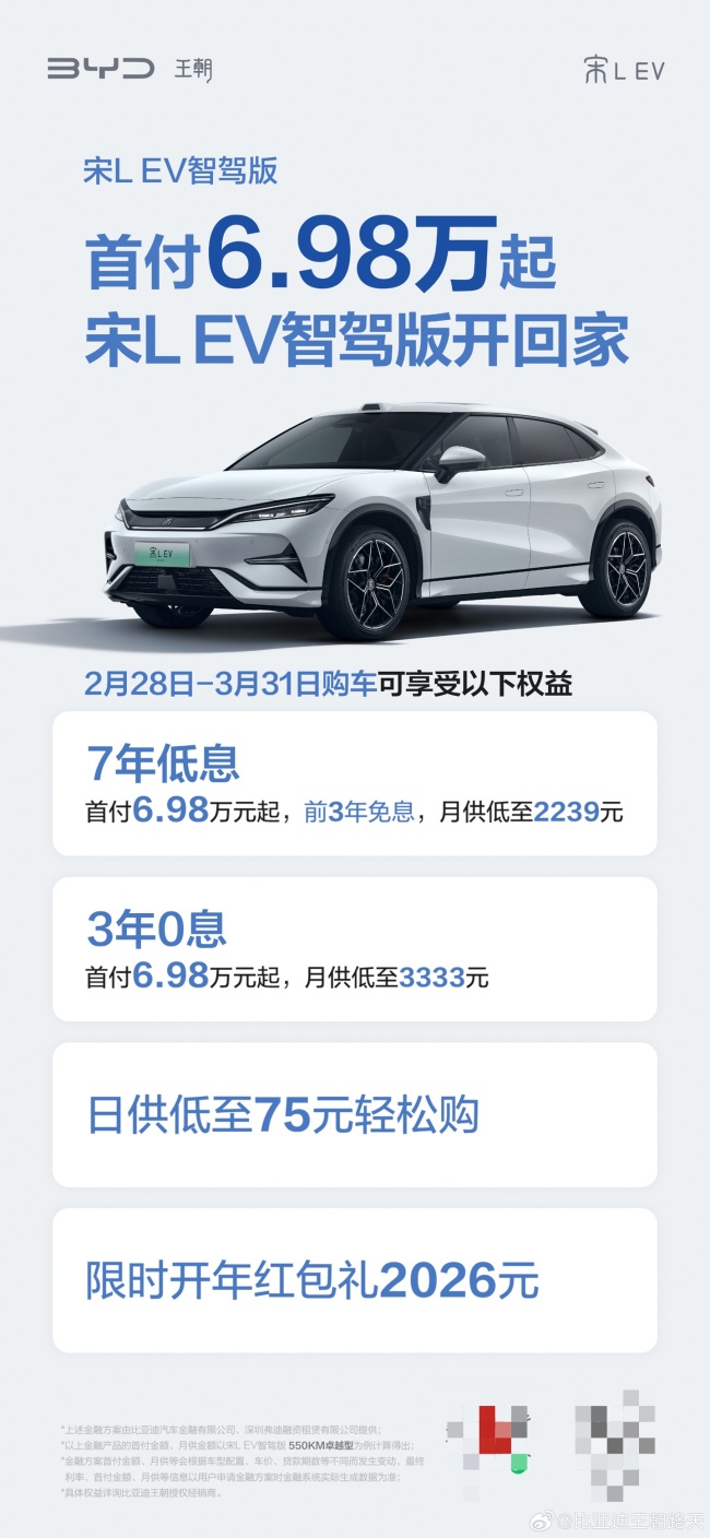 比亚迪宋家族限时购车权益公布 首付3.98万起享低息方案