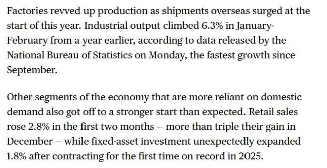 外媒:中国经济2026年开局更稳健 多项指标超预期走强