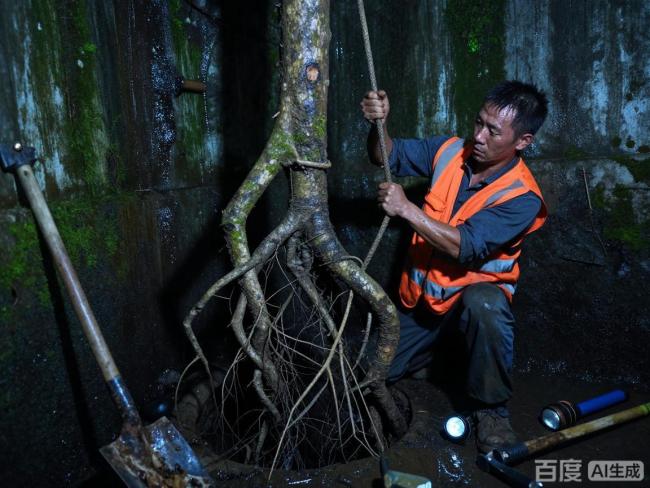 疏通下水道拉出20米长树根
