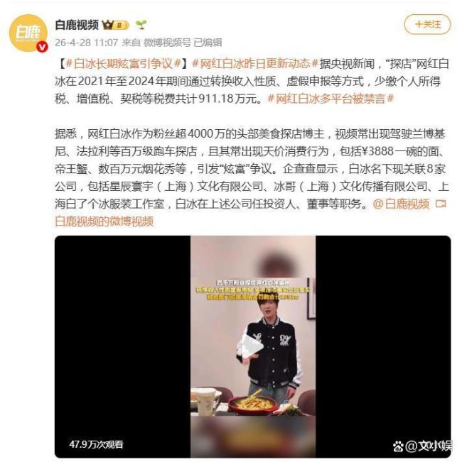 网红白冰驾驶百万级跑车探店 偷税漏税911万
