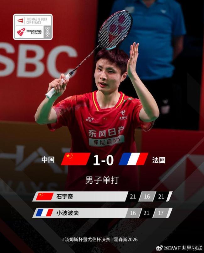 中國(guó)隊(duì)奪得第12個(gè)湯姆斯杯冠軍 3-1戰(zhàn)勝法國(guó)隊(duì)