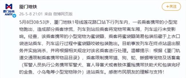 厦门地铁回应乘客携带的小型宠物跑出