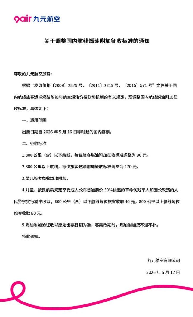 航线燃油附加费将再上调