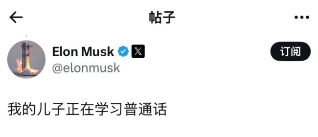 马斯克中文发帖：儿子正学普通话