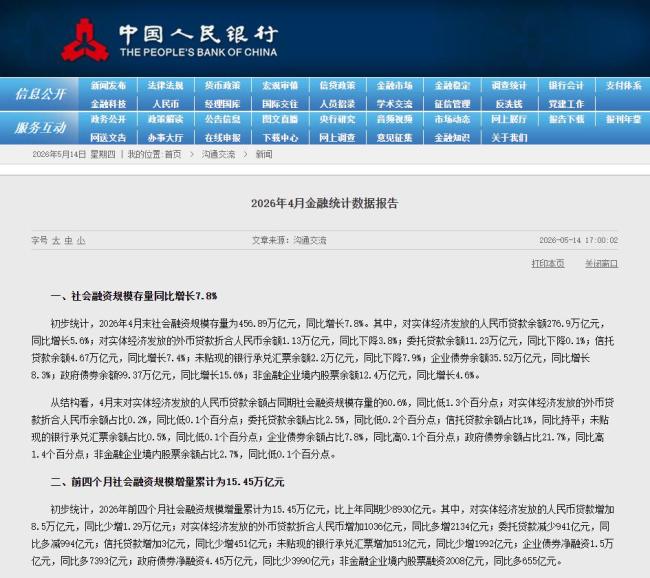 前四个月人民币存款增加14万亿元 居民与企业储蓄增长显著