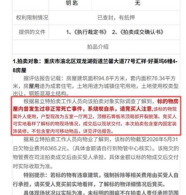 重庆一凶宅以39万余元起价被法拍 曾发生烧炭自杀事件