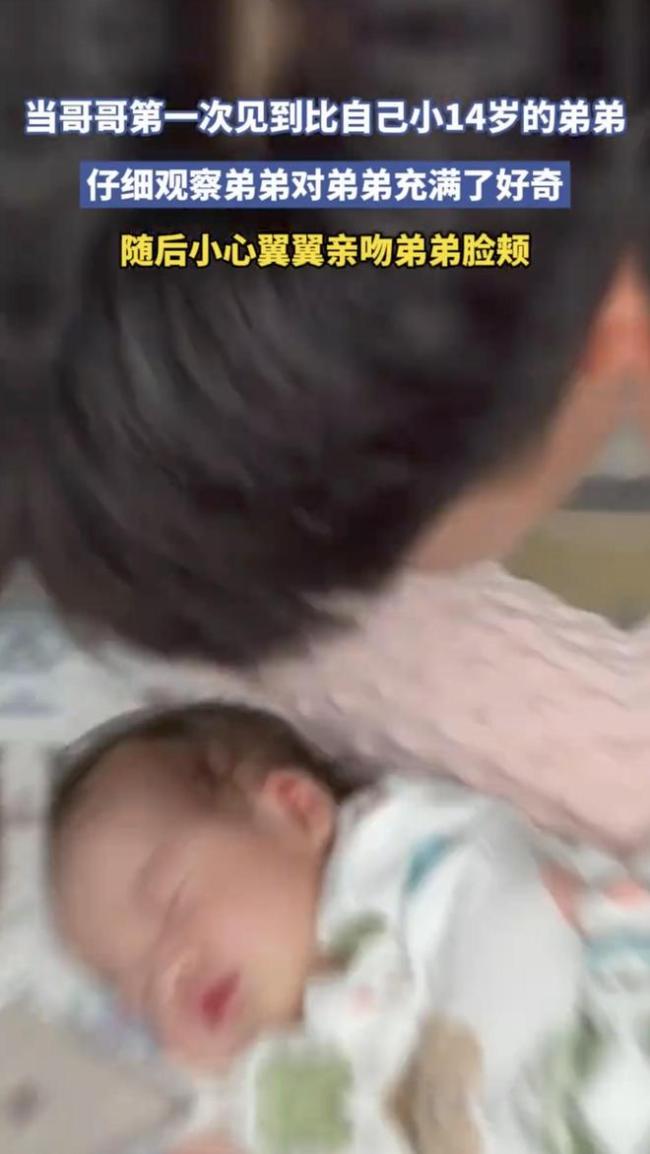 哥哥首次见小14岁的弟弟满眼好奇 温柔眼神融化人心