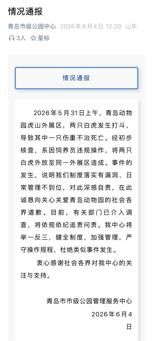 動(dòng)物園兩只白虎打斗致1只傷重死亡