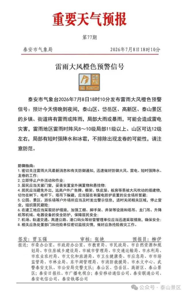 泰山连夜发封山通告:不排除有龙卷 强对流天气来袭