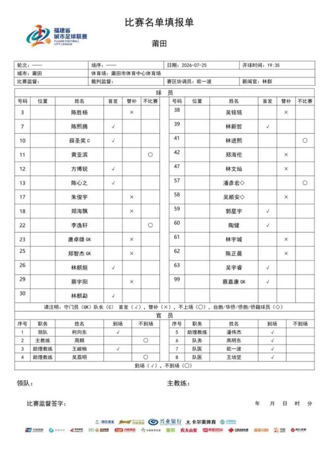 闽超：莆田队vs阿根廷闽籍青年队 首发名单公布