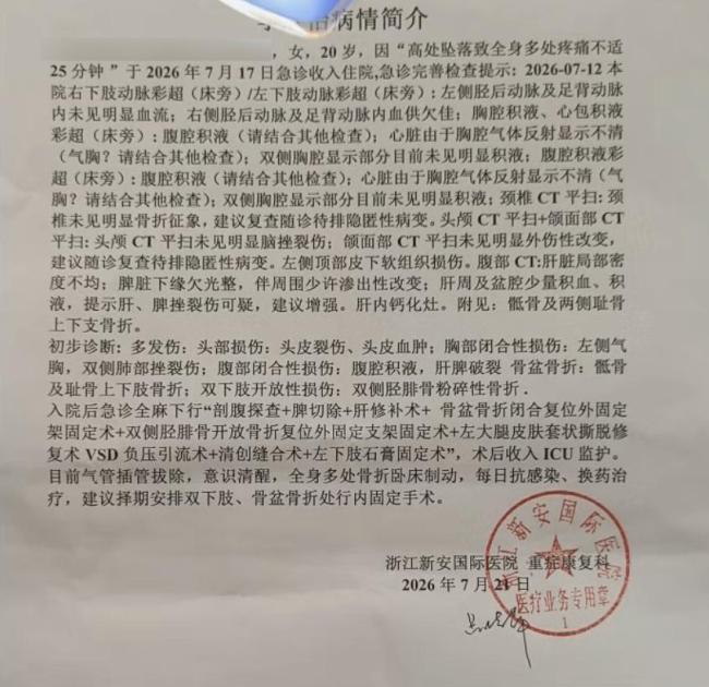 女孩从18层坠楼生还治疗费仍需40万 男友暴力控制疑为主因