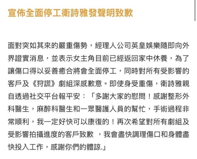 金像奖影后卫诗雅受伤缝50多针 片场意外引关注