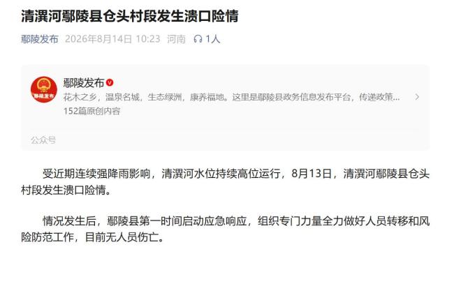 清潩河鄢陵县仓头村段发生溃口险情