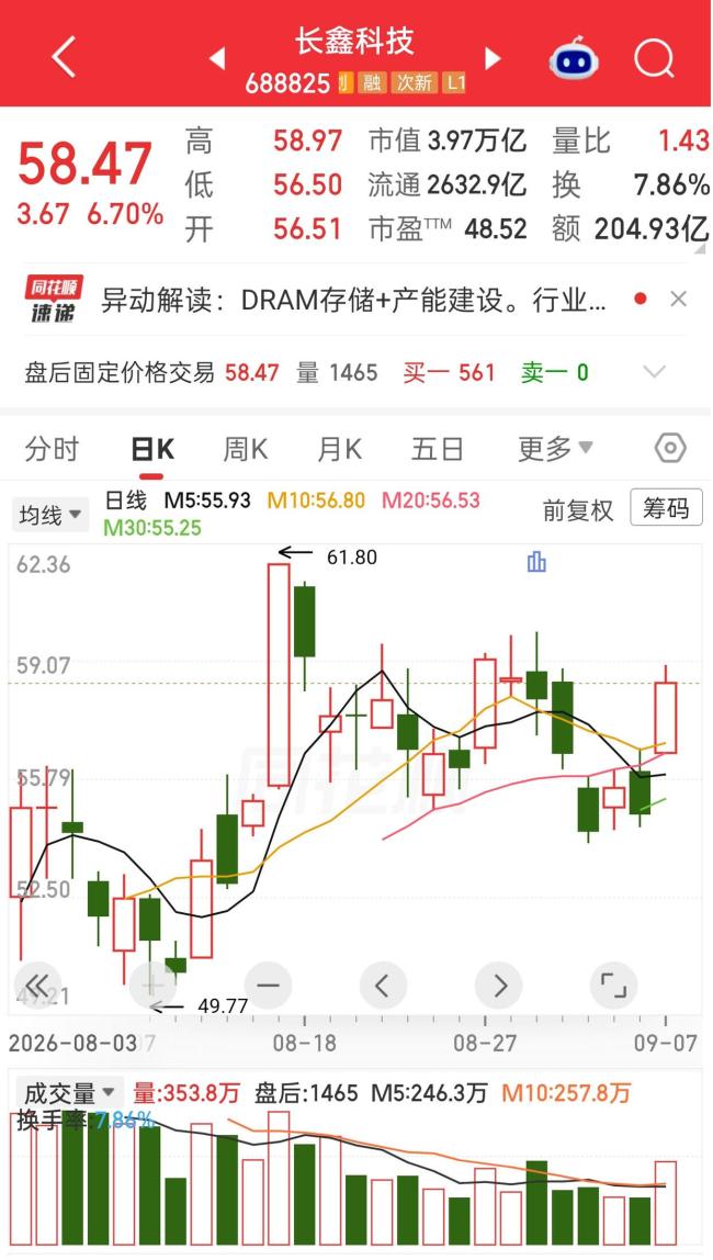 A股市值一哥长鑫科技大涨
