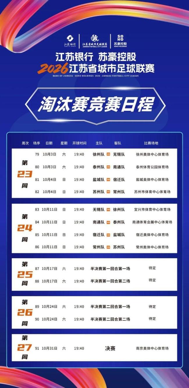 苏超淘汰赛竞赛日程出炉
