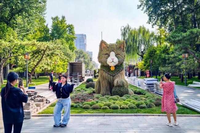 北京日坛公园巨型草猫好萌 吸引游人目光 金秋游园会添乐趣