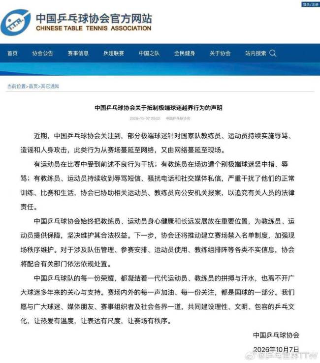 乒协:将推动建立赛场禁入名单制度