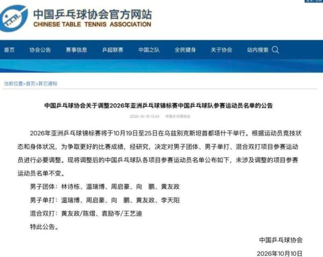 中国乒协官方发布公告：亚运三金王林诗栋，被取消亚锦赛男单报名