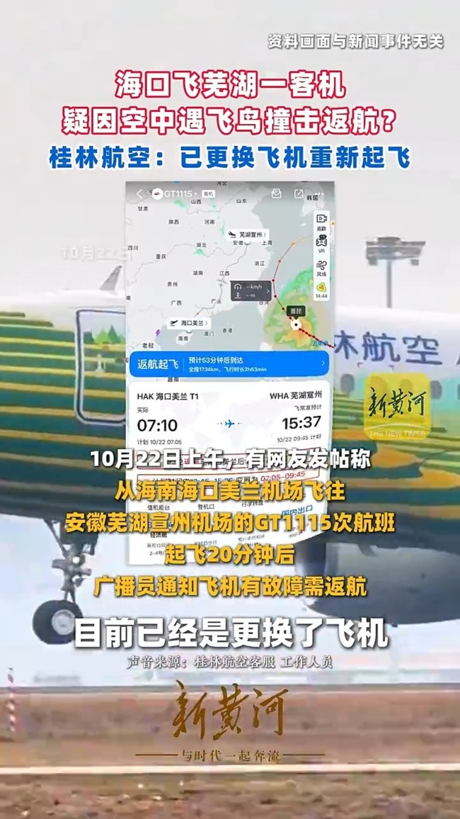 海口飞芜湖一客机空中遇飞鸟撞击 因故障安全返航