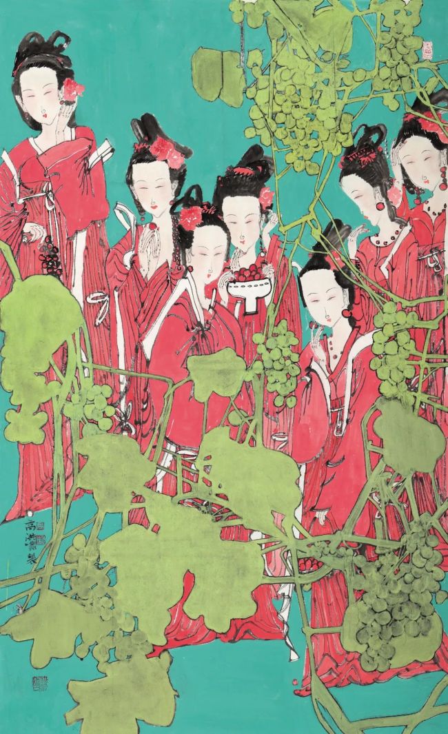 高洪啸丽人行纸本设色113×68cm张文来钢铁工人纸本设色198×100cm