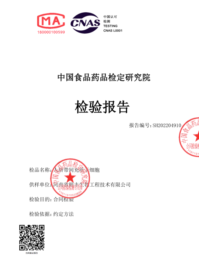 银丰生物集团河南公司人脐带间充质干细胞获“中检院”权威认证